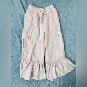 Cinq a Sept Priscilla Pink Cropped Ruffle Hem Cargo Satin Wide Leg Pants Pink XS